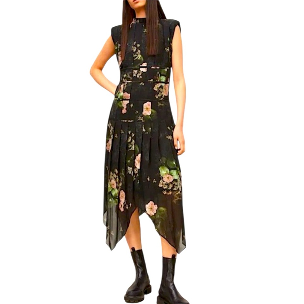 RARE All Saints Coco Asago dress — black floral pleated midi asymmetric NWT - Picture 15 of 15